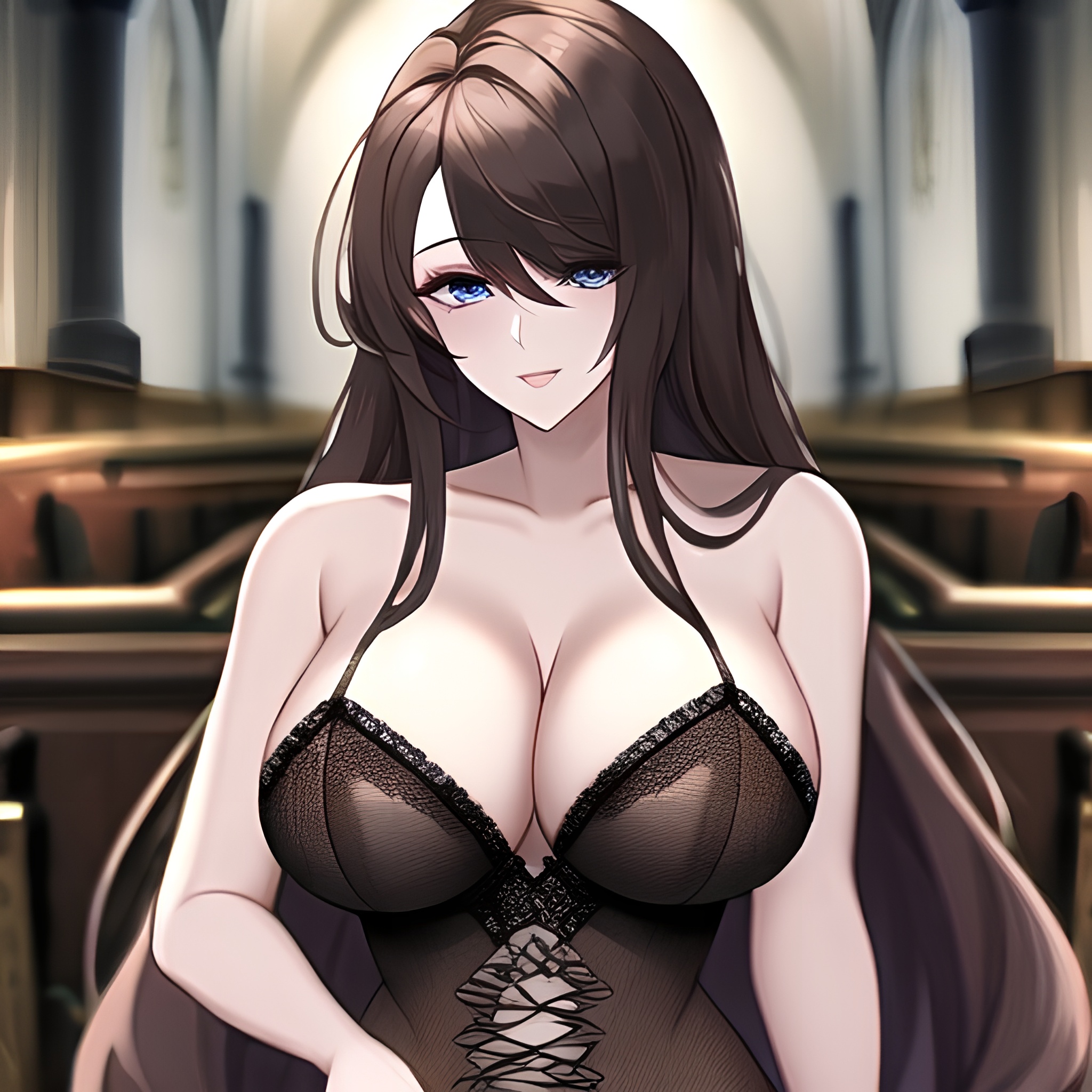 fishnet brunette messy hair long hair woman church 