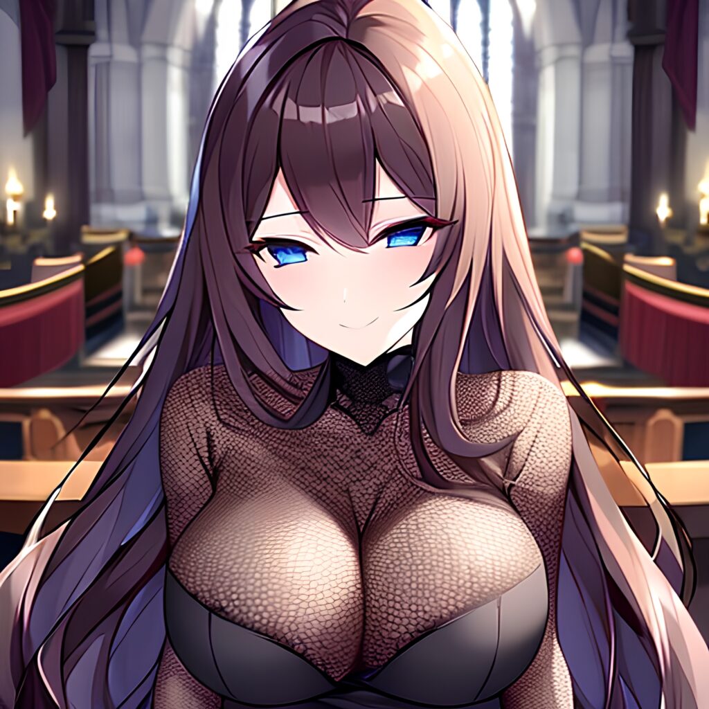 fishnet brunette messy hair long hair woman church 
