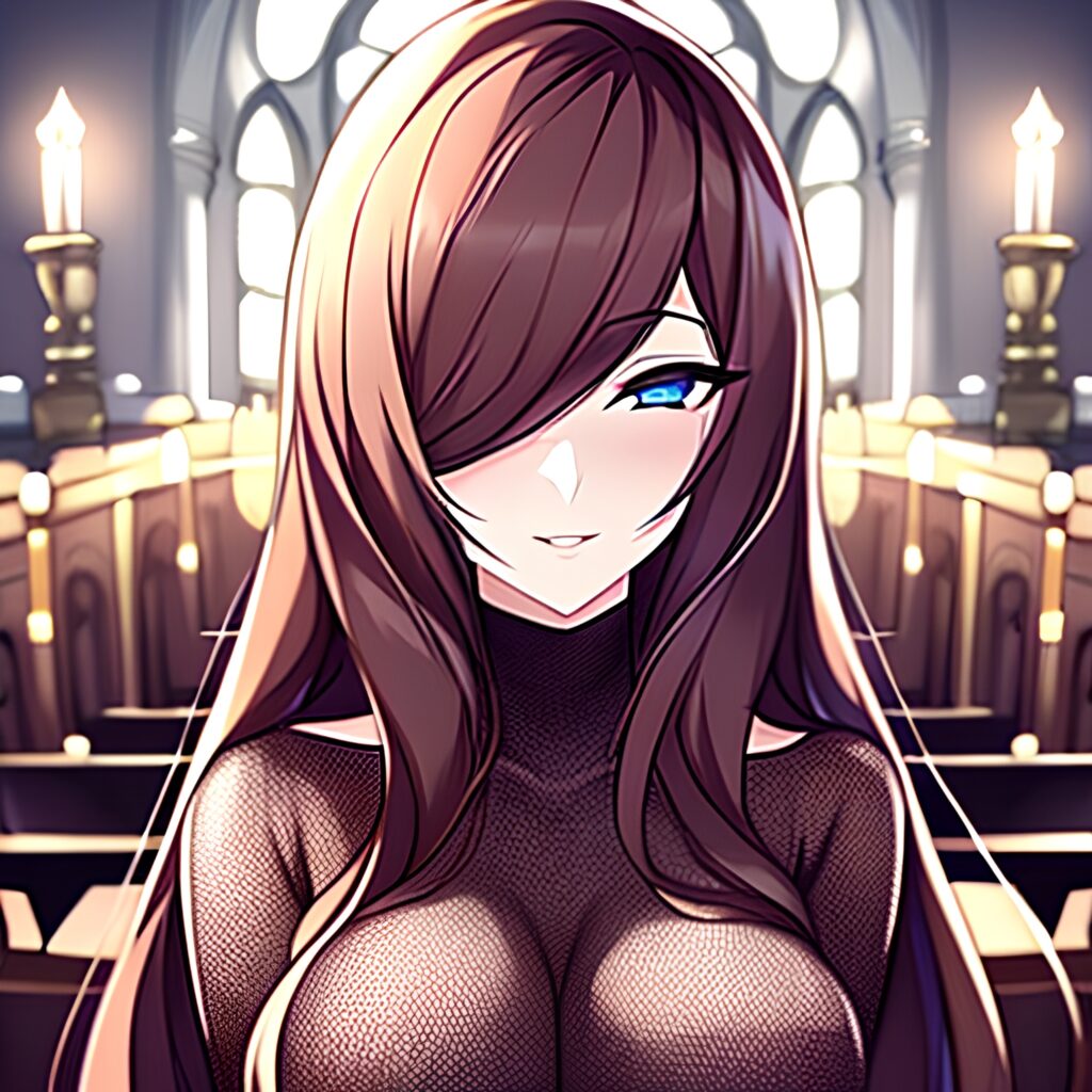 fishnet brunette messy hair long hair woman church 