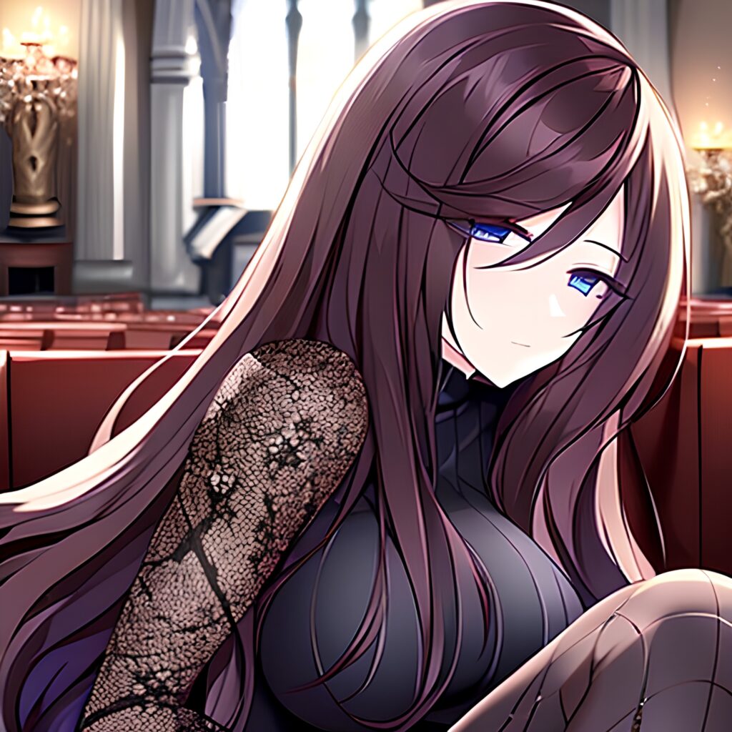 fishnet brunette messy hair long hair woman church 