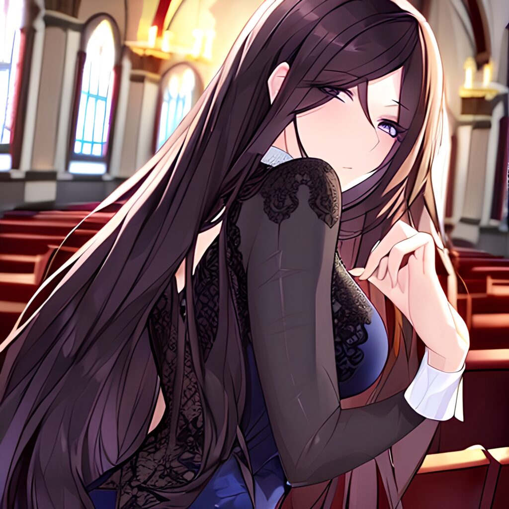 fishnet brunette messy hair long hair woman church 