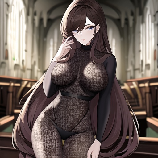 fishnet brunette messy hair long hair woman church 