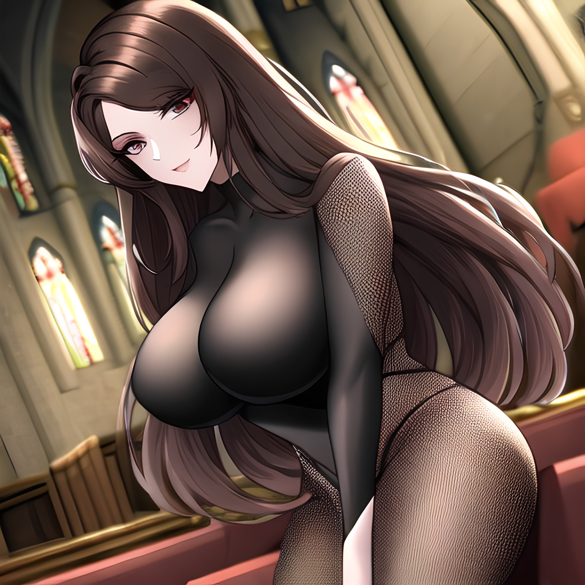 fishnet brunette messy hair long hair woman church 