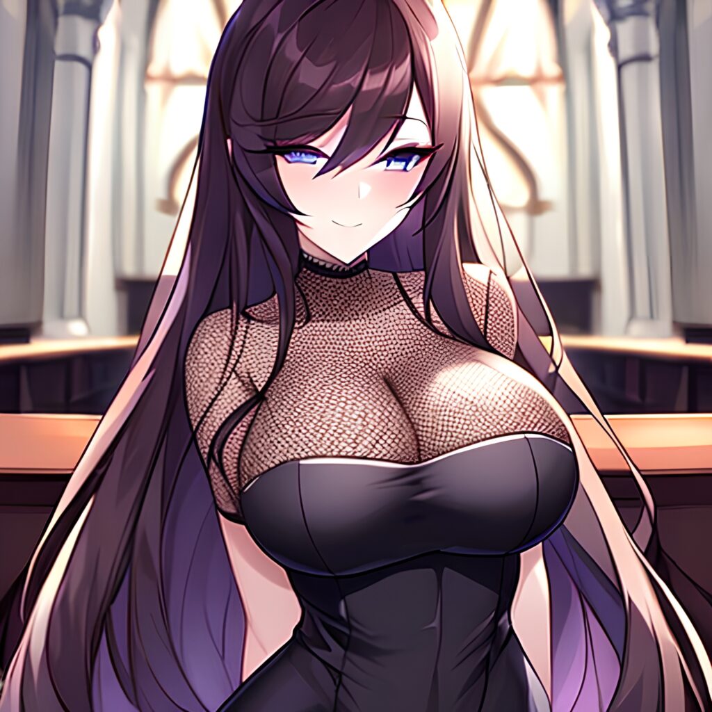 fishnet brunette messy hair long hair woman church 