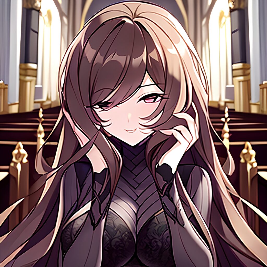 fishnet brunette messy hair woman church long hair 