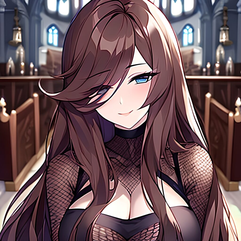 fishnet brunette messy hair woman church long hair 