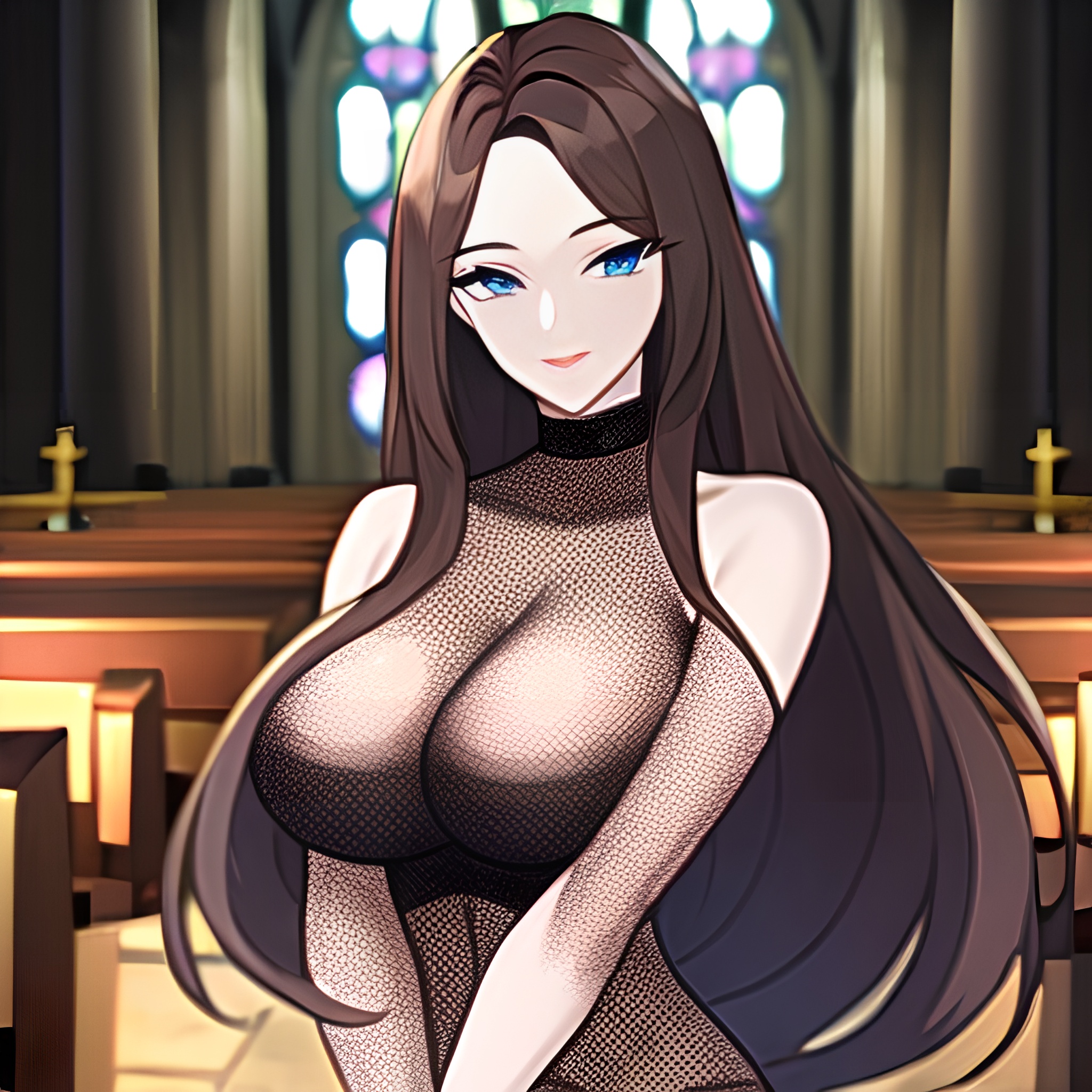 fishnet brunette messy hair woman church long hair 