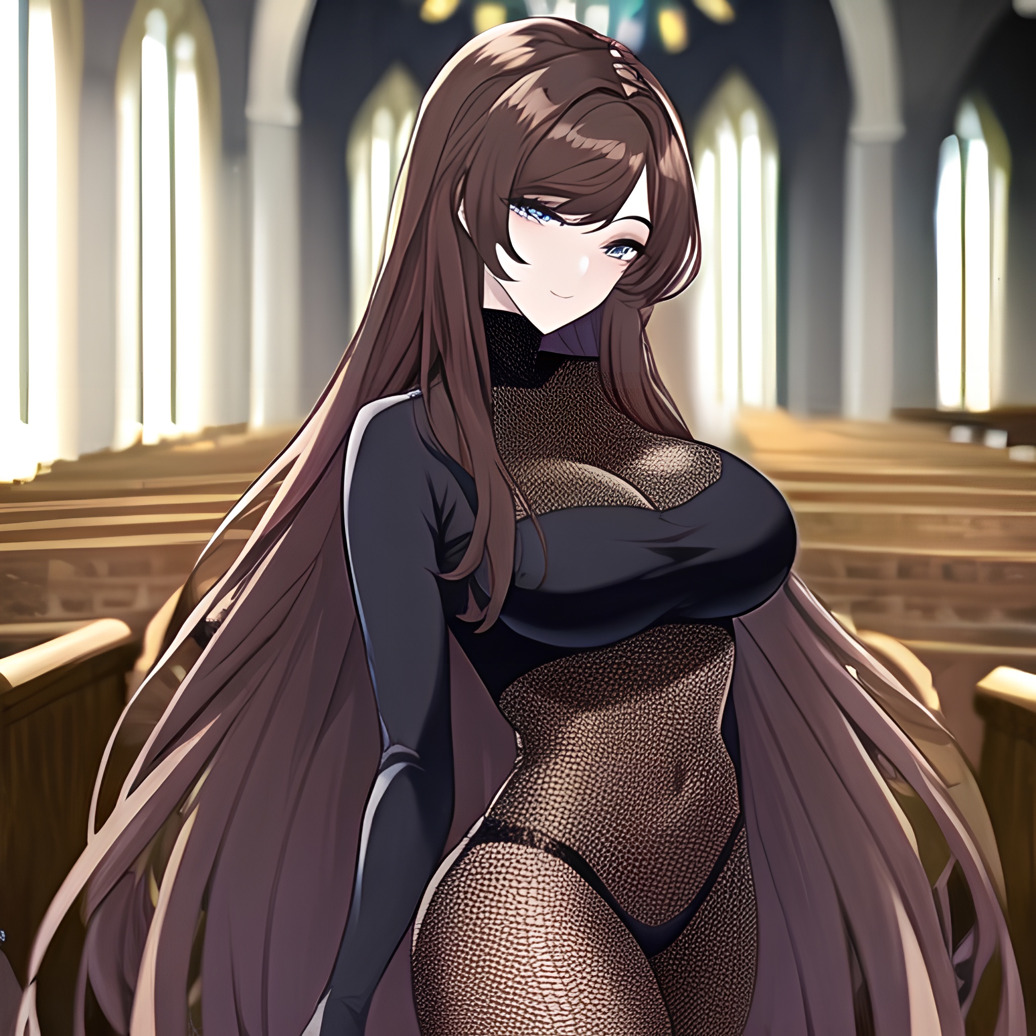 fishnet brunette messy hair woman long hair church