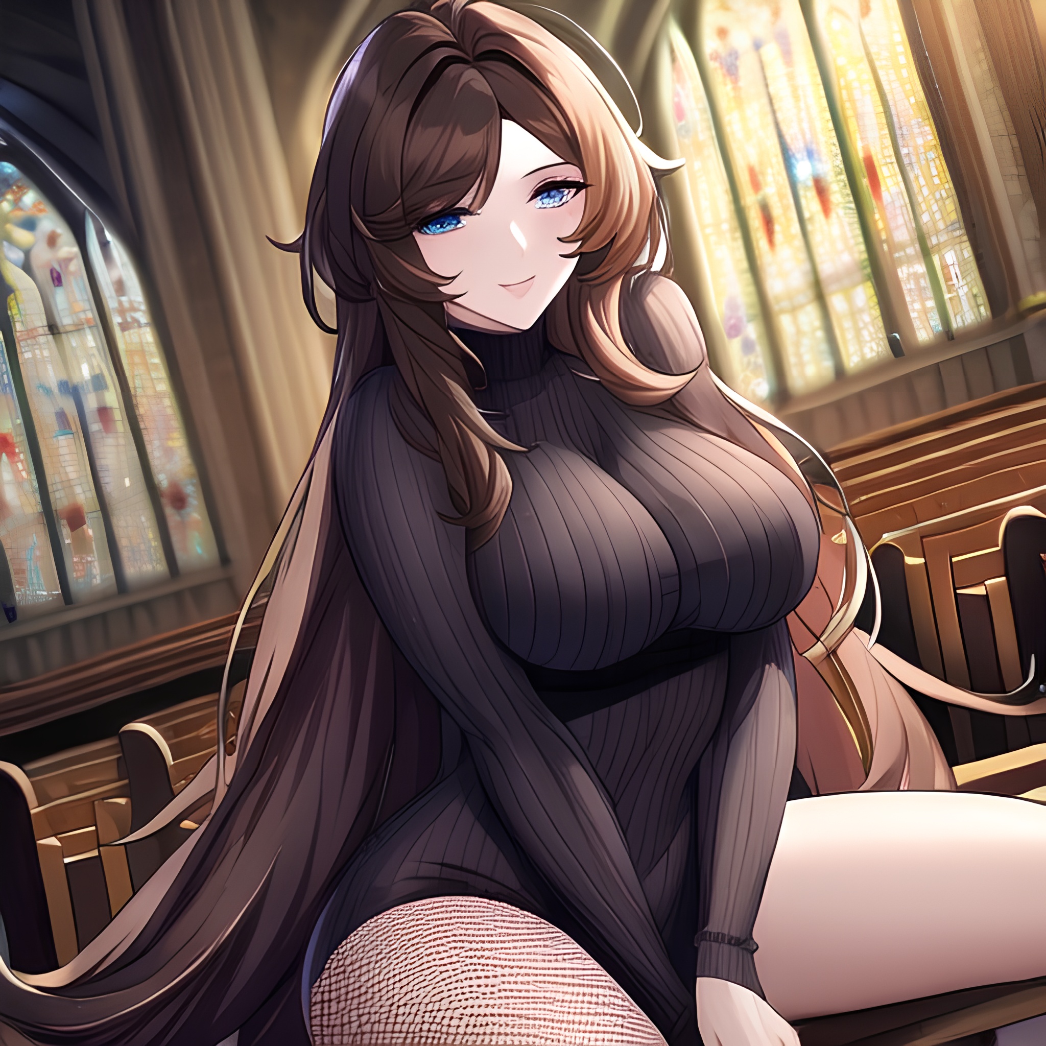 fishnet brunette woman church long hair messy hair 