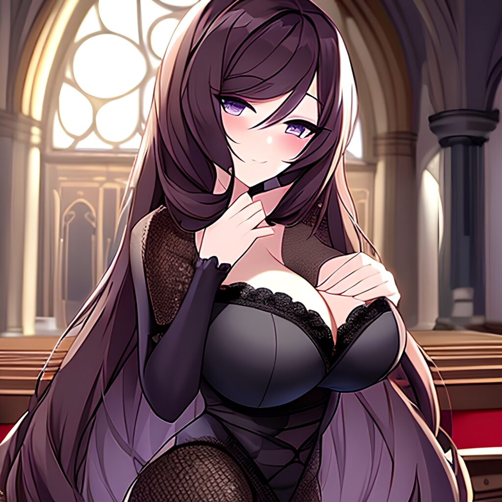 fishnet brunette woman church long hair messy hair 