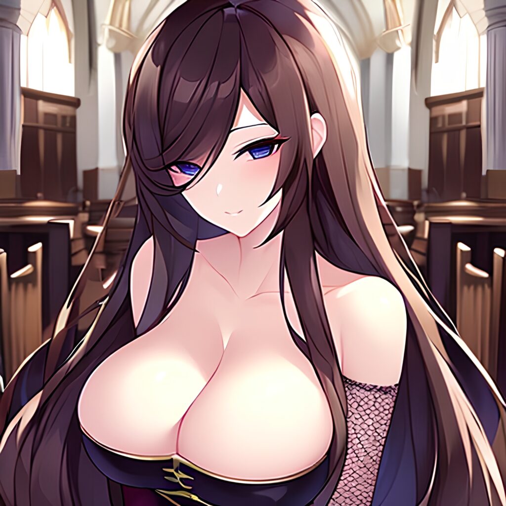 fishnet brunette woman church long hair messy hair 