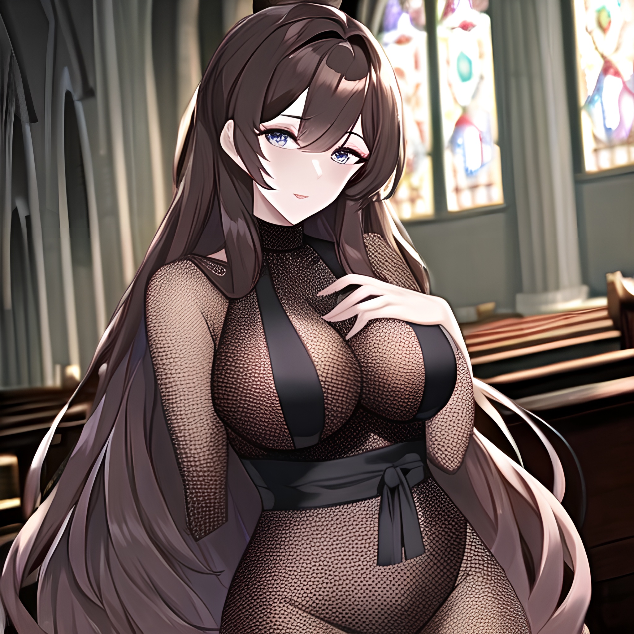 fishnet brunette woman church long hair messy hair 