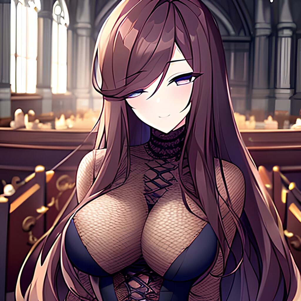 fishnet brunette woman church messy hair long hair 