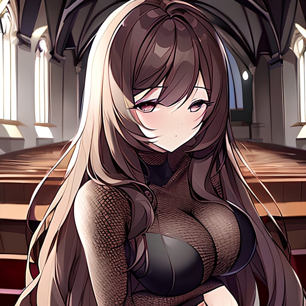 fishnet brunette woman church messy hair long hair 