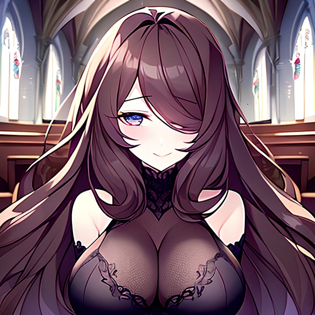 fishnet brunette woman long hair church messy hair 