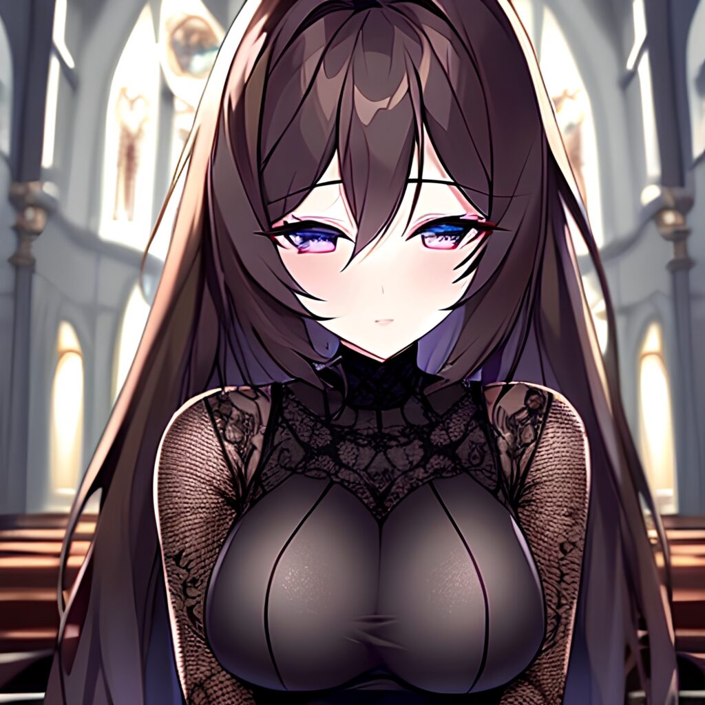 fishnet brunette woman long hair church messy hair 