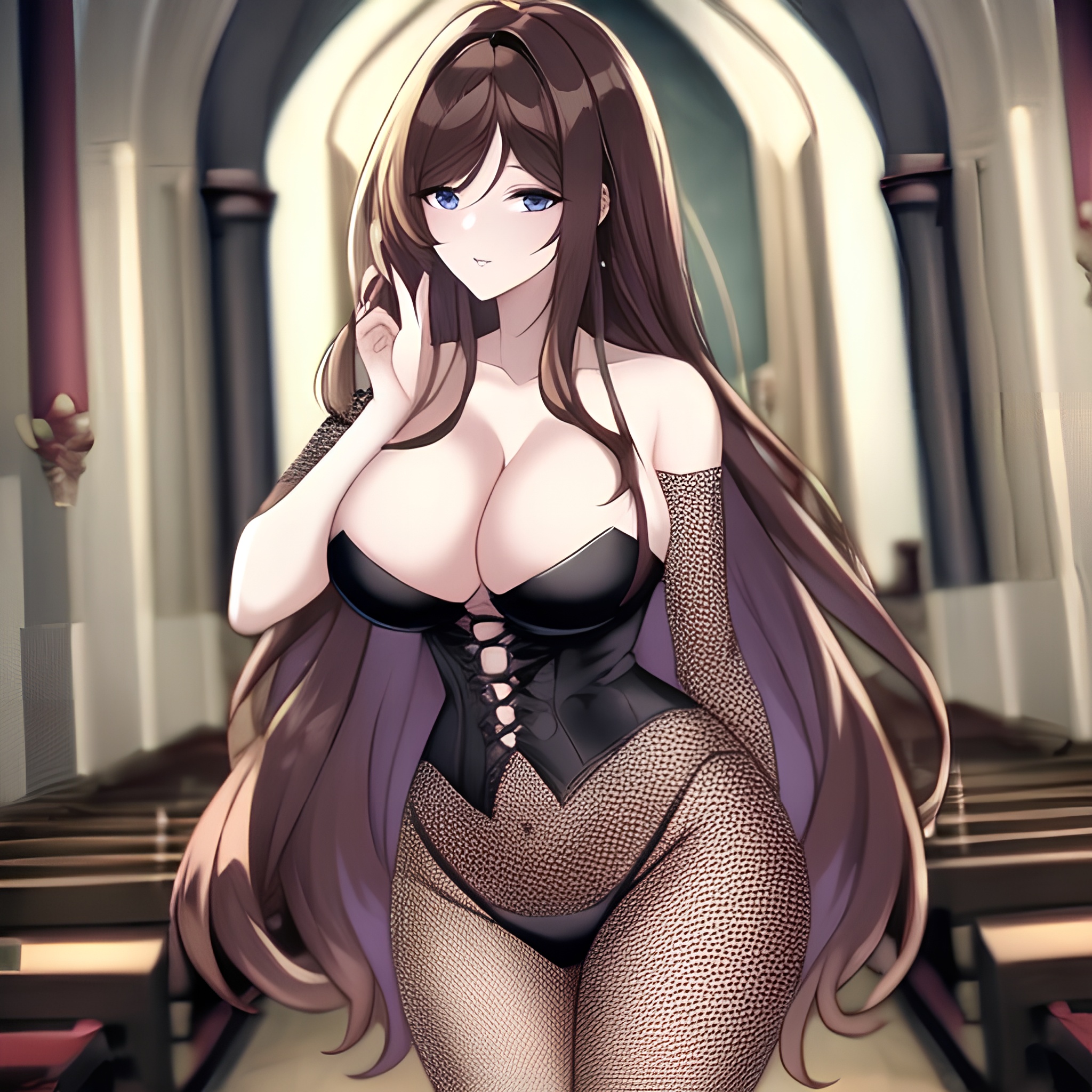 fishnet brunette woman long hair church messy hair