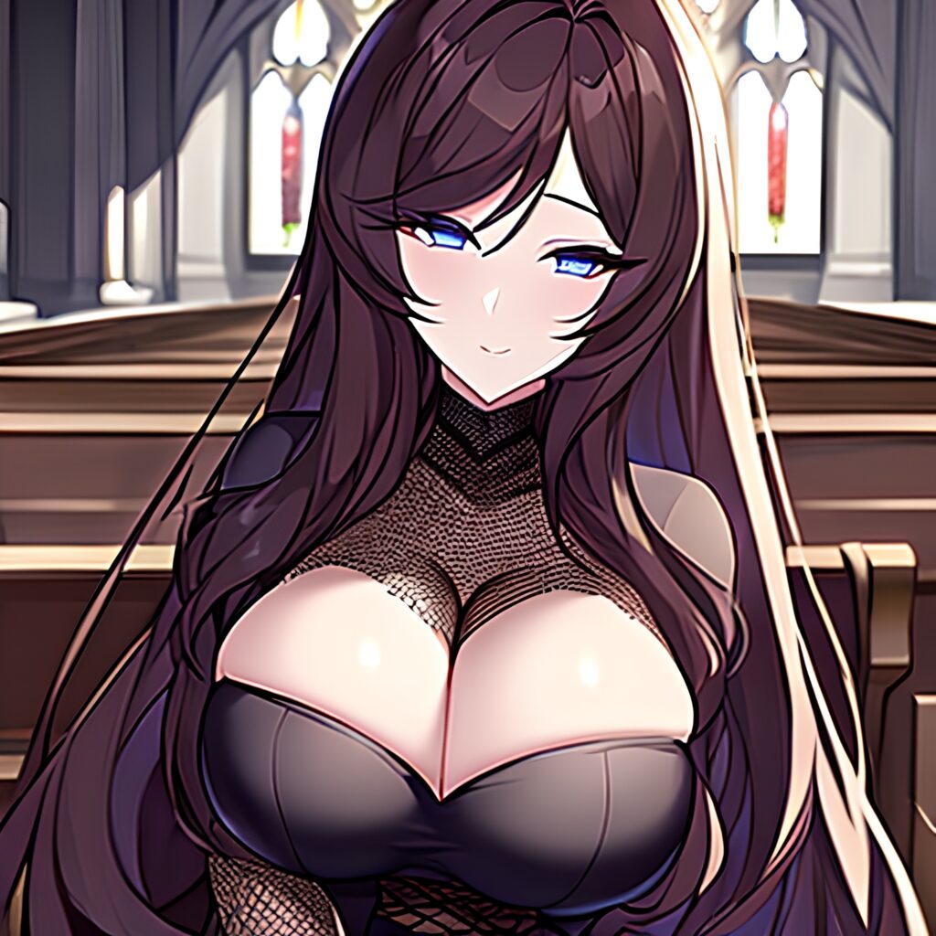 fishnet brunette woman long hair messy hair church 