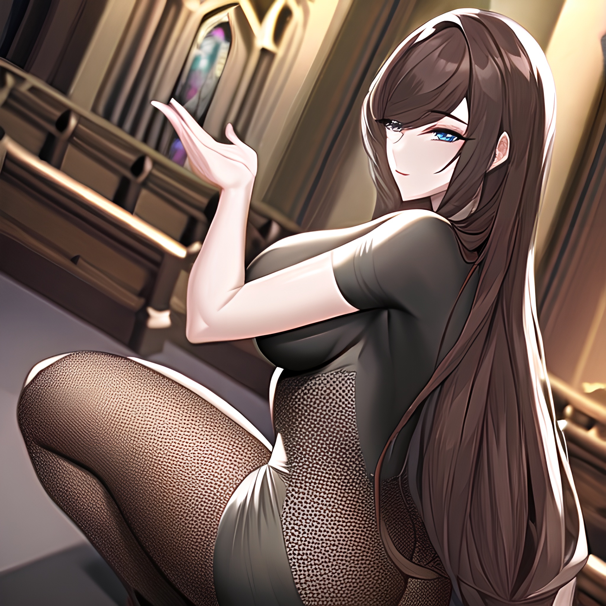 fishnet brunette woman long hair messy hair church 