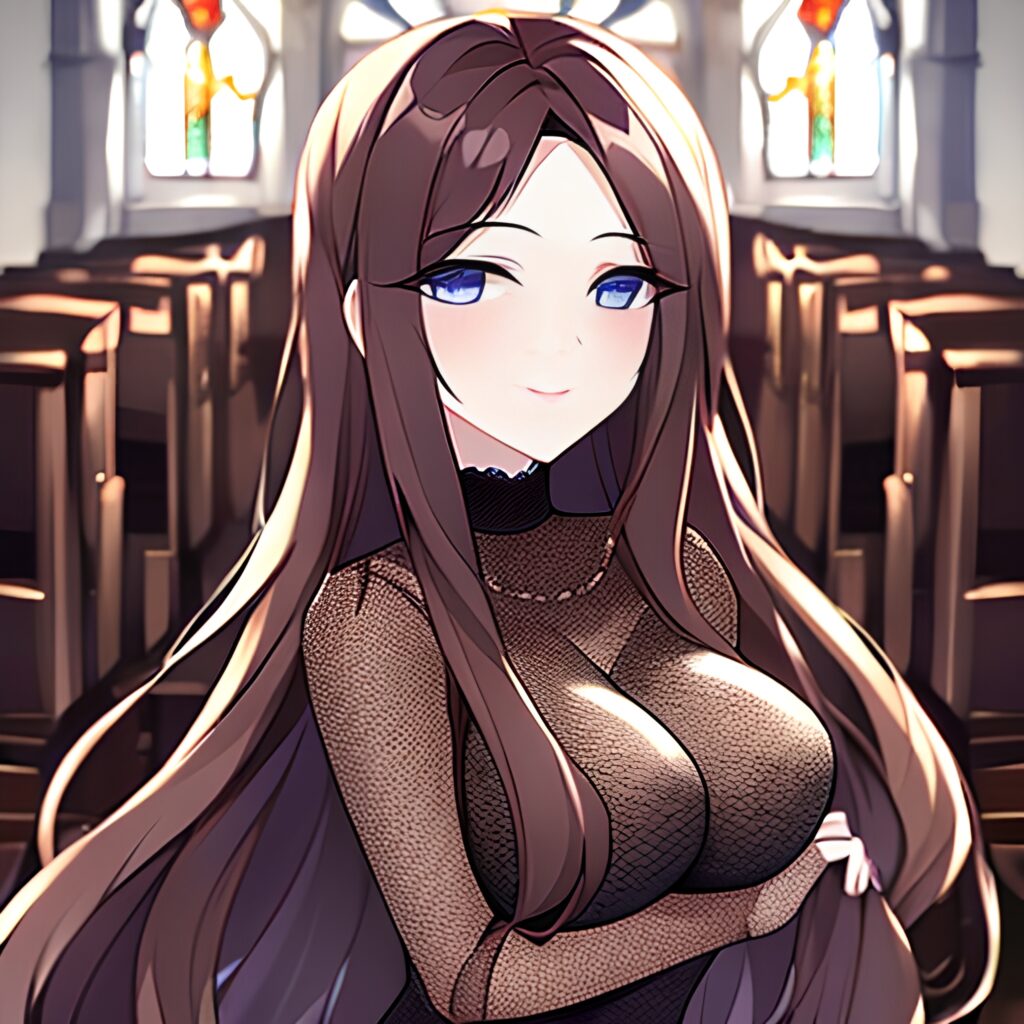 fishnet brunette woman messy hair church long hair 