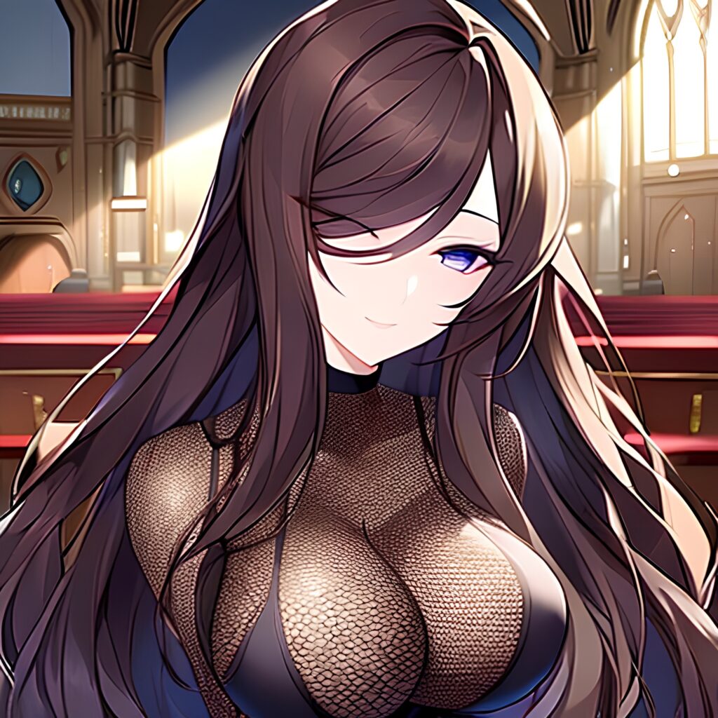 fishnet brunette woman messy hair church long hair 