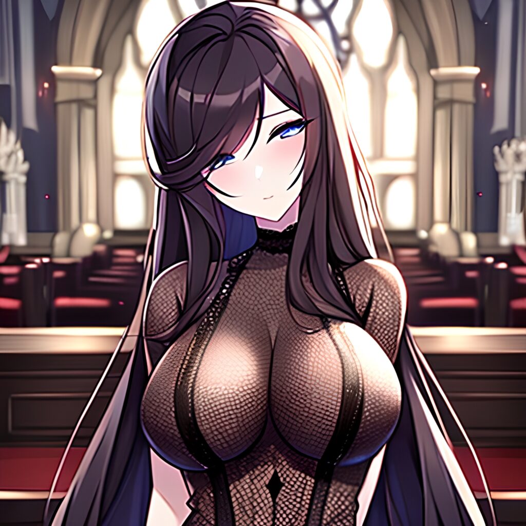 fishnet brunette woman messy hair church long hair 