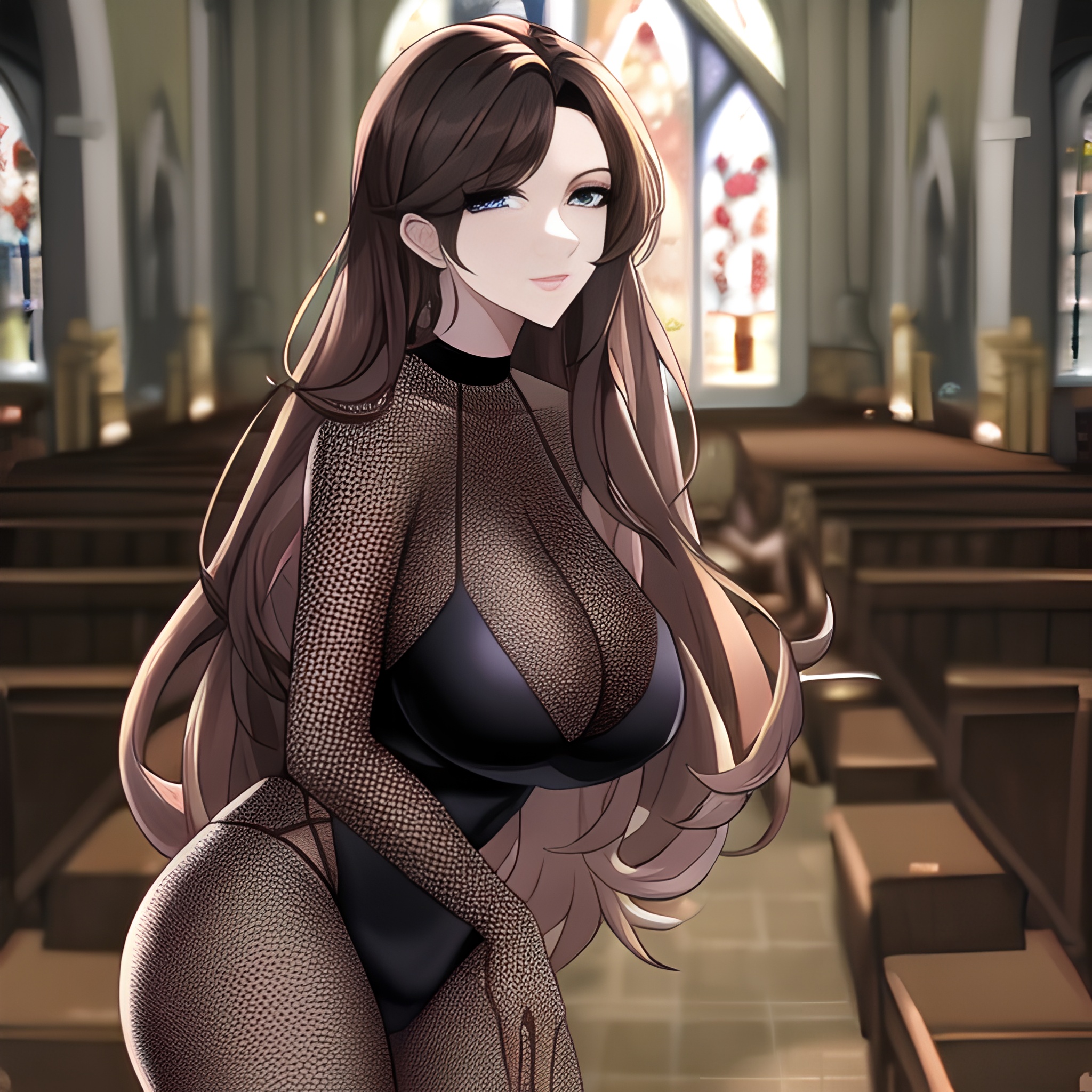 fishnet brunette woman messy hair church long hair 
