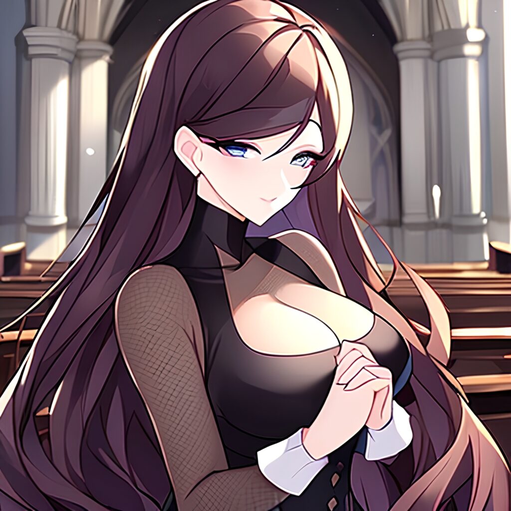 fishnet brunette woman messy hair church long hair 