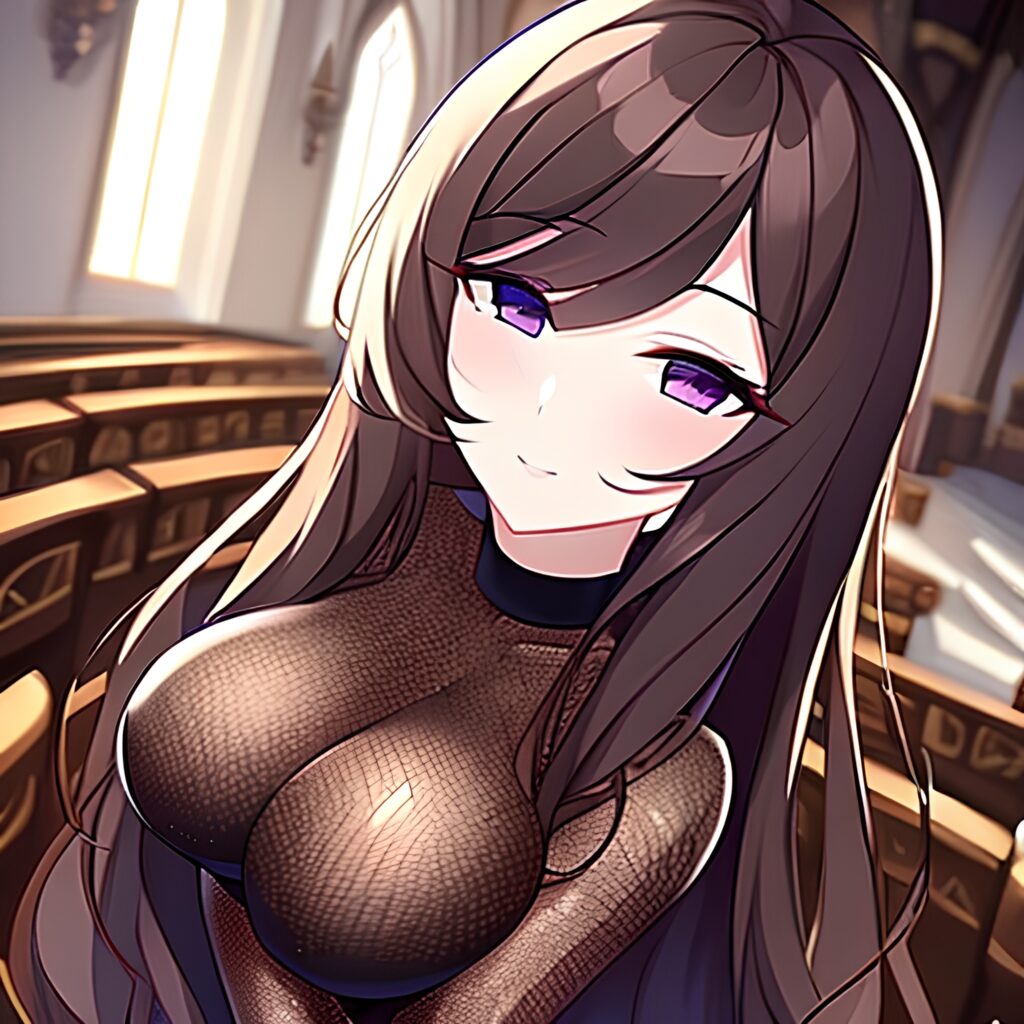 fishnet brunette woman messy hair long hair church 