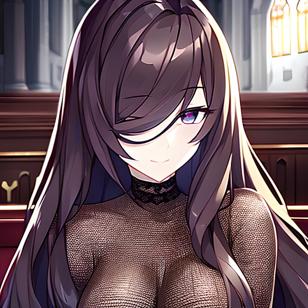 fishnet brunette woman messy hair long hair church