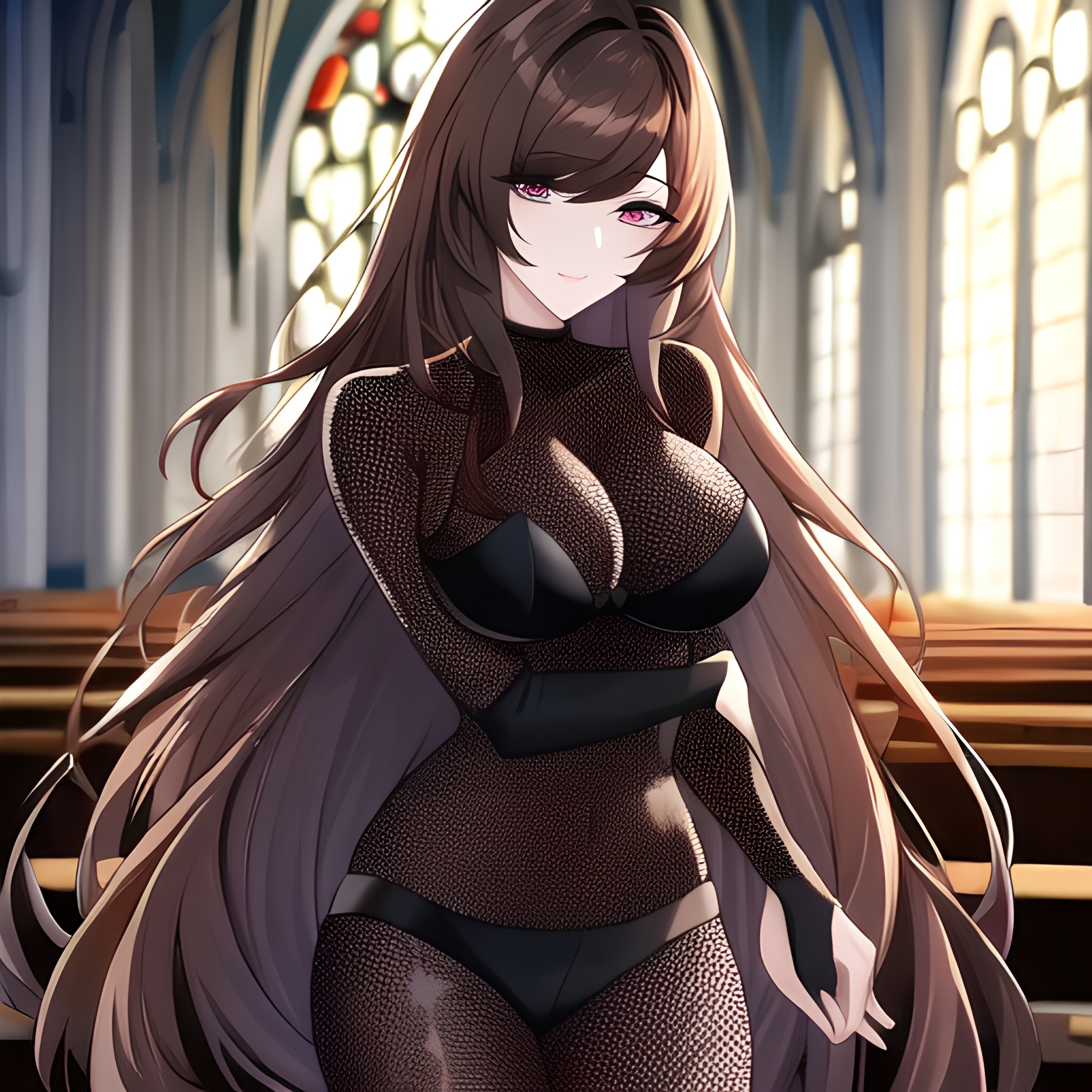 fishnet brunette woman messy hair long hair church