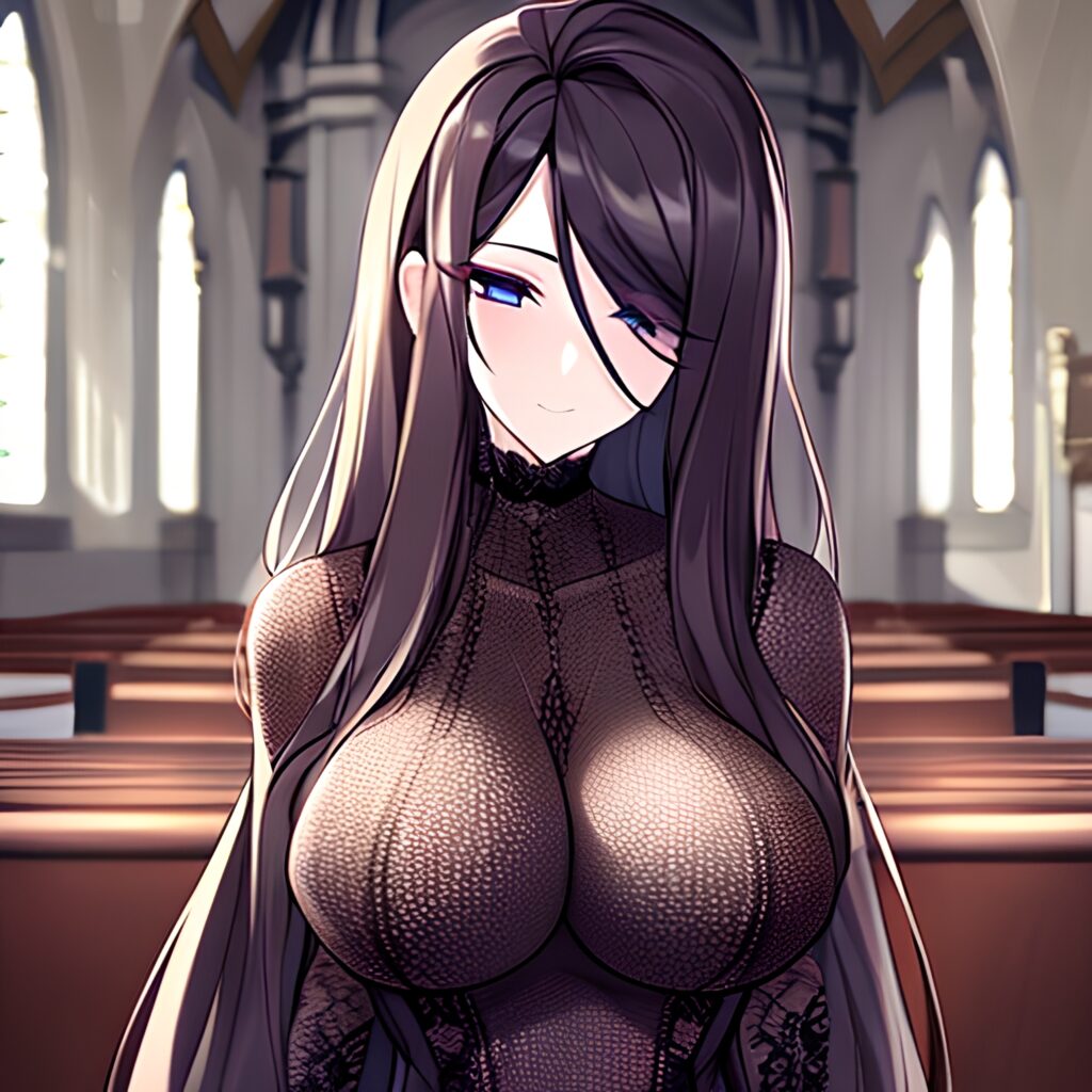 fishnet brunette woman messy hair long hair church 