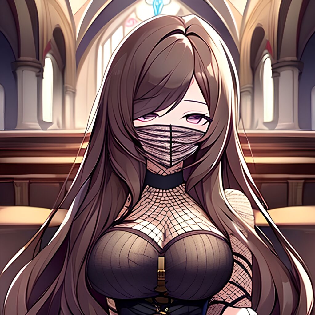 fishnet brunette woman messy hair long hair church 