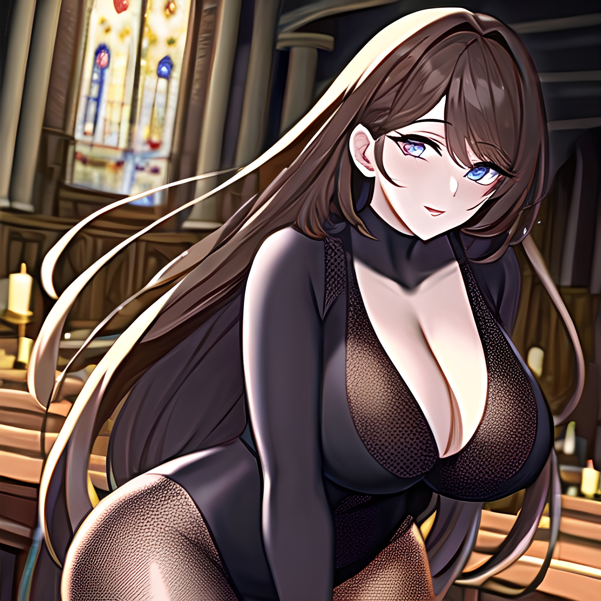 fishnet brunette woman messy hair long hair church 