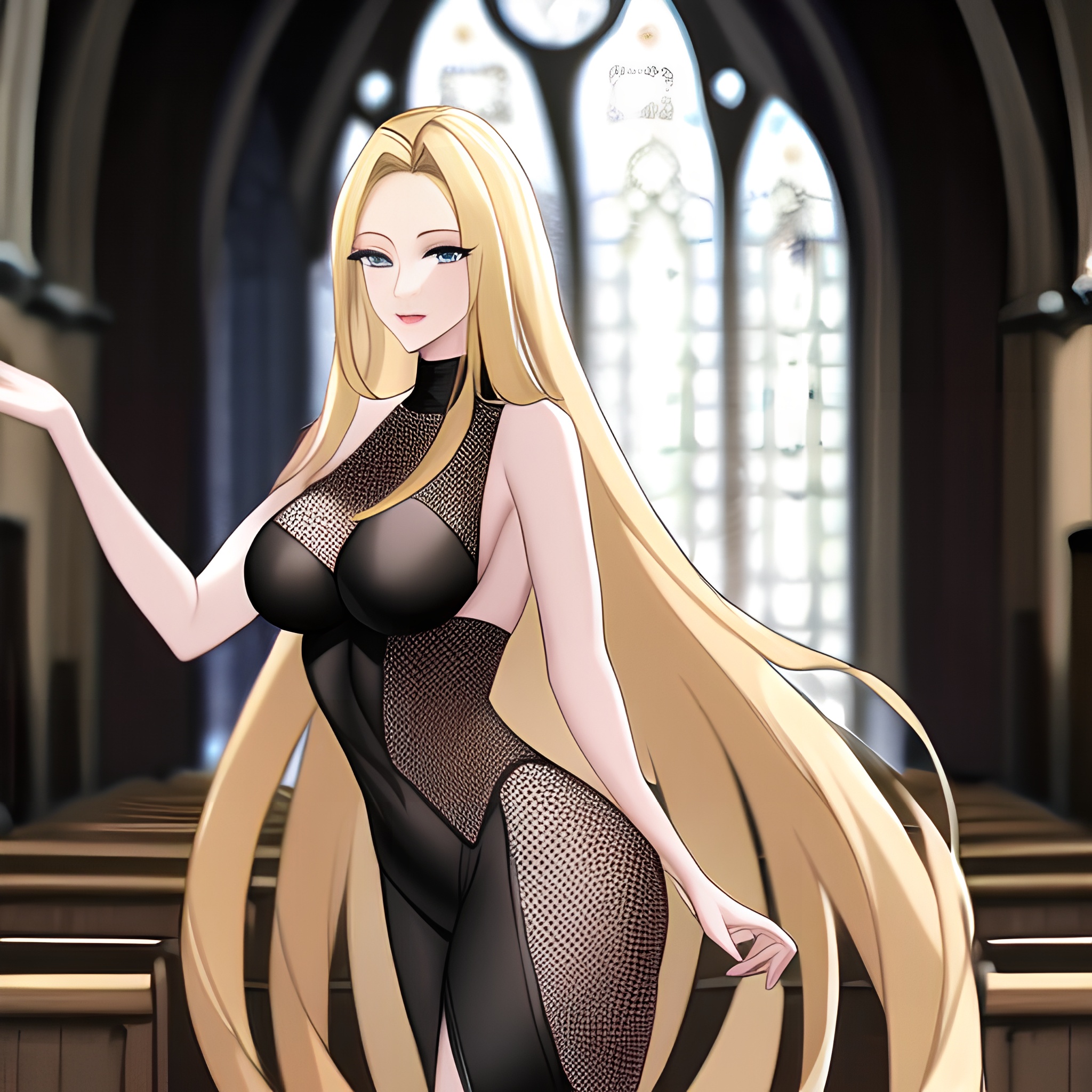 fishnet church blonde long hair woman 