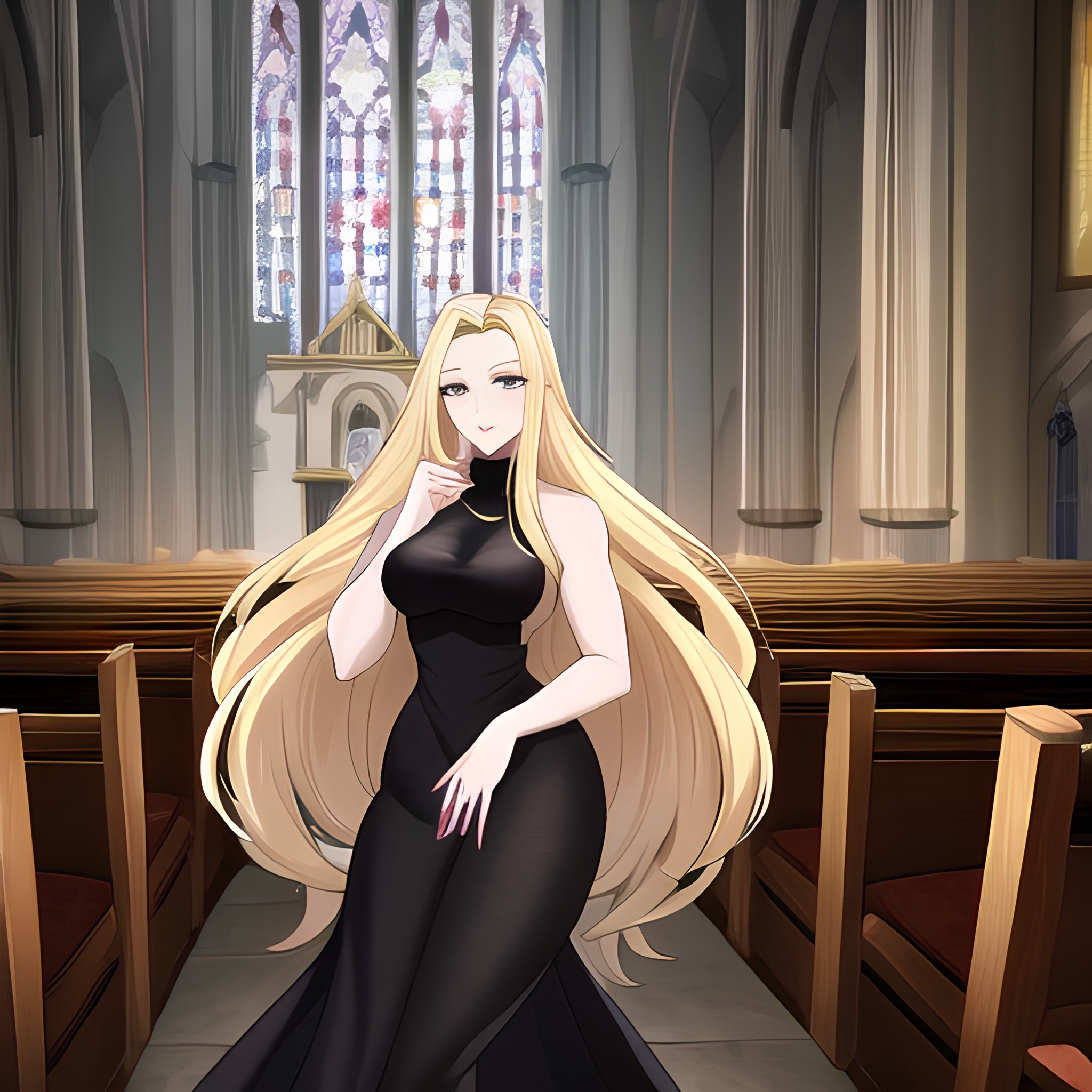 fishnet church blonde long hair woman 