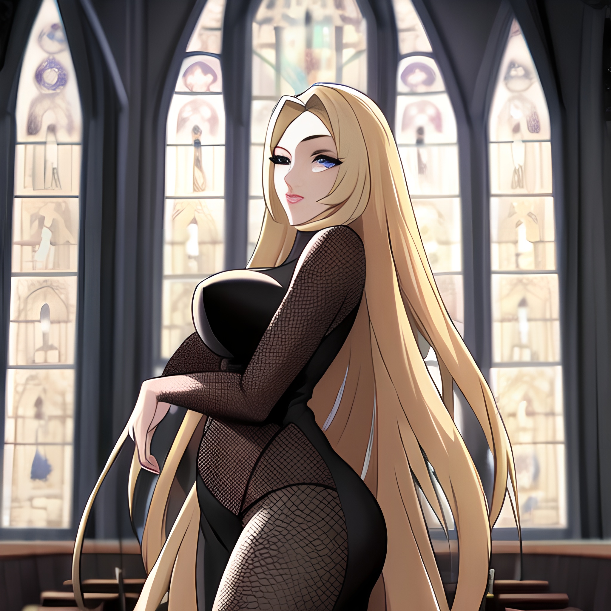 fishnet church blonde long hair woman 