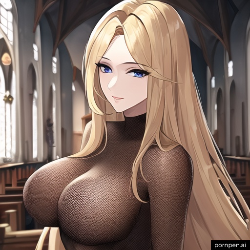 fishnet church blonde nude woman long hair front view small boobs 