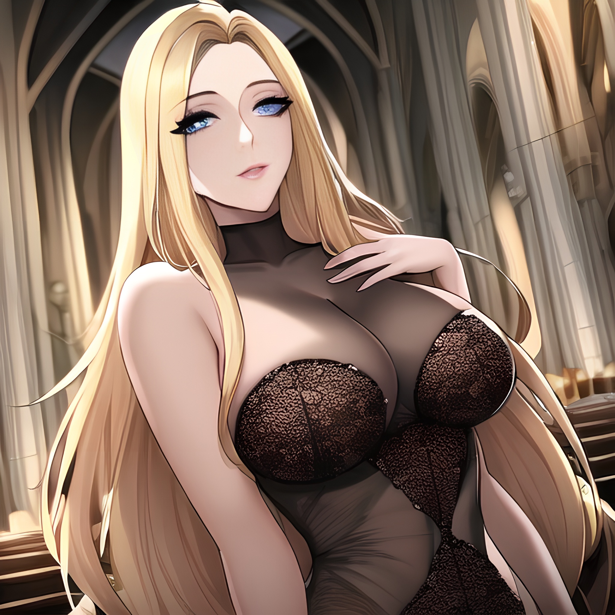 fishnet church blonde small boobs front view nude woman long hair 