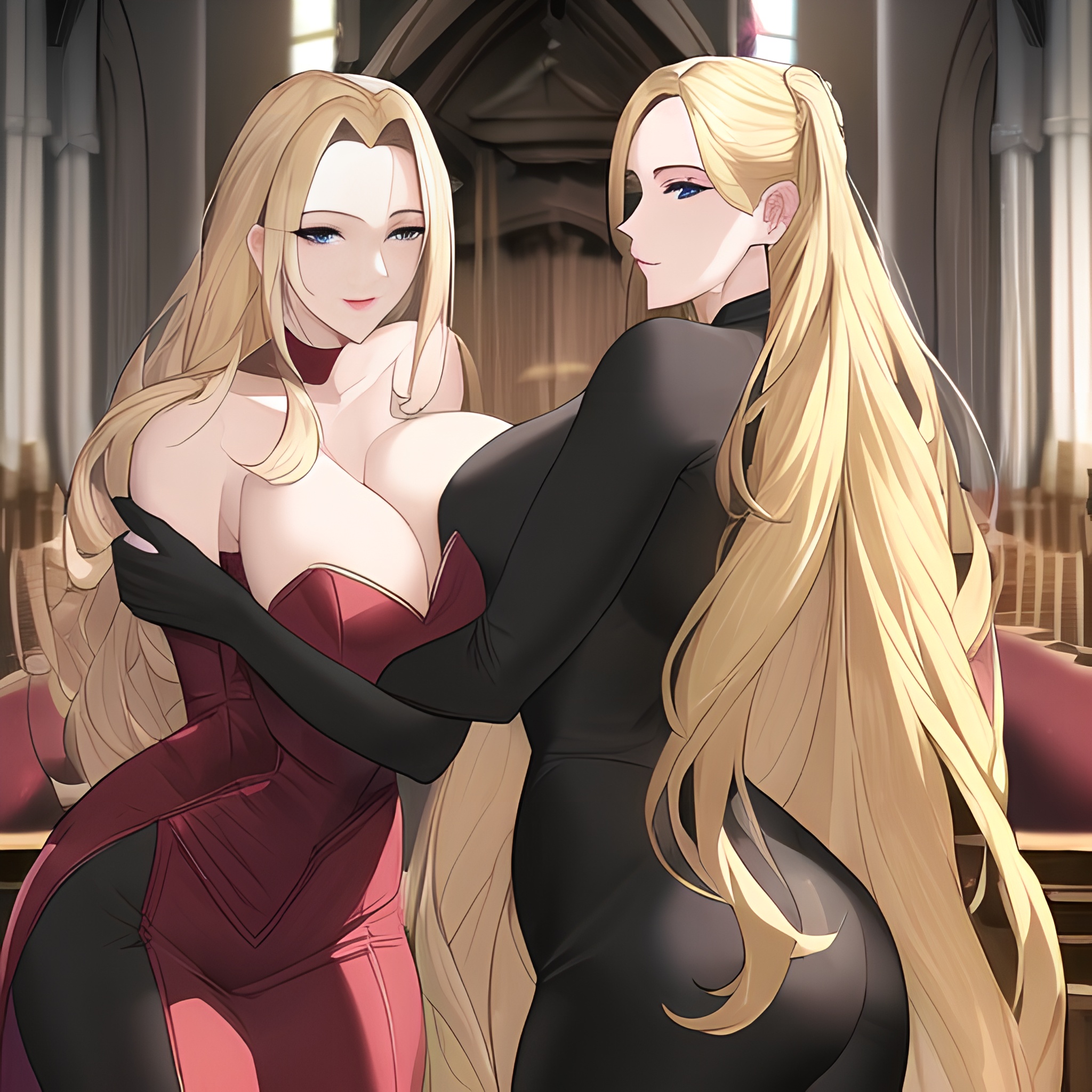 fishnet church blonde woman front view nude long hair small boobs 