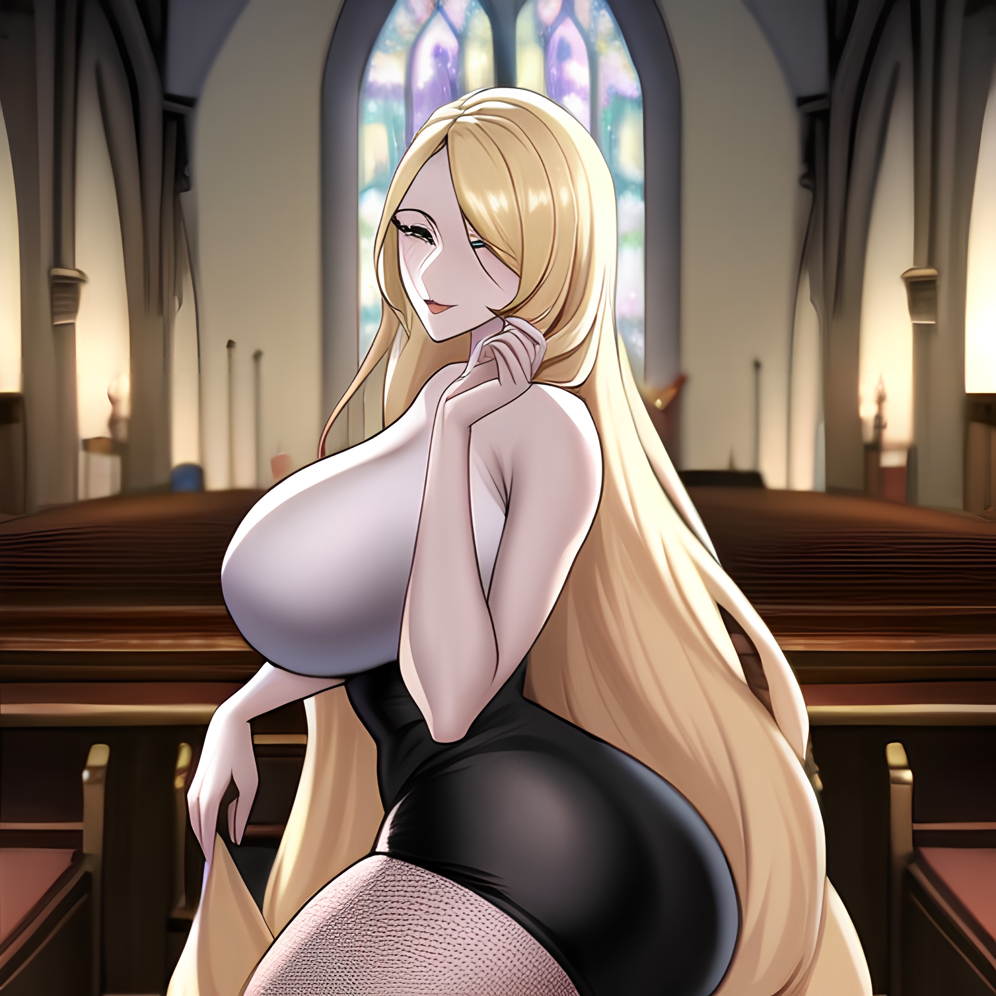 fishnet church blonde woman long hair 