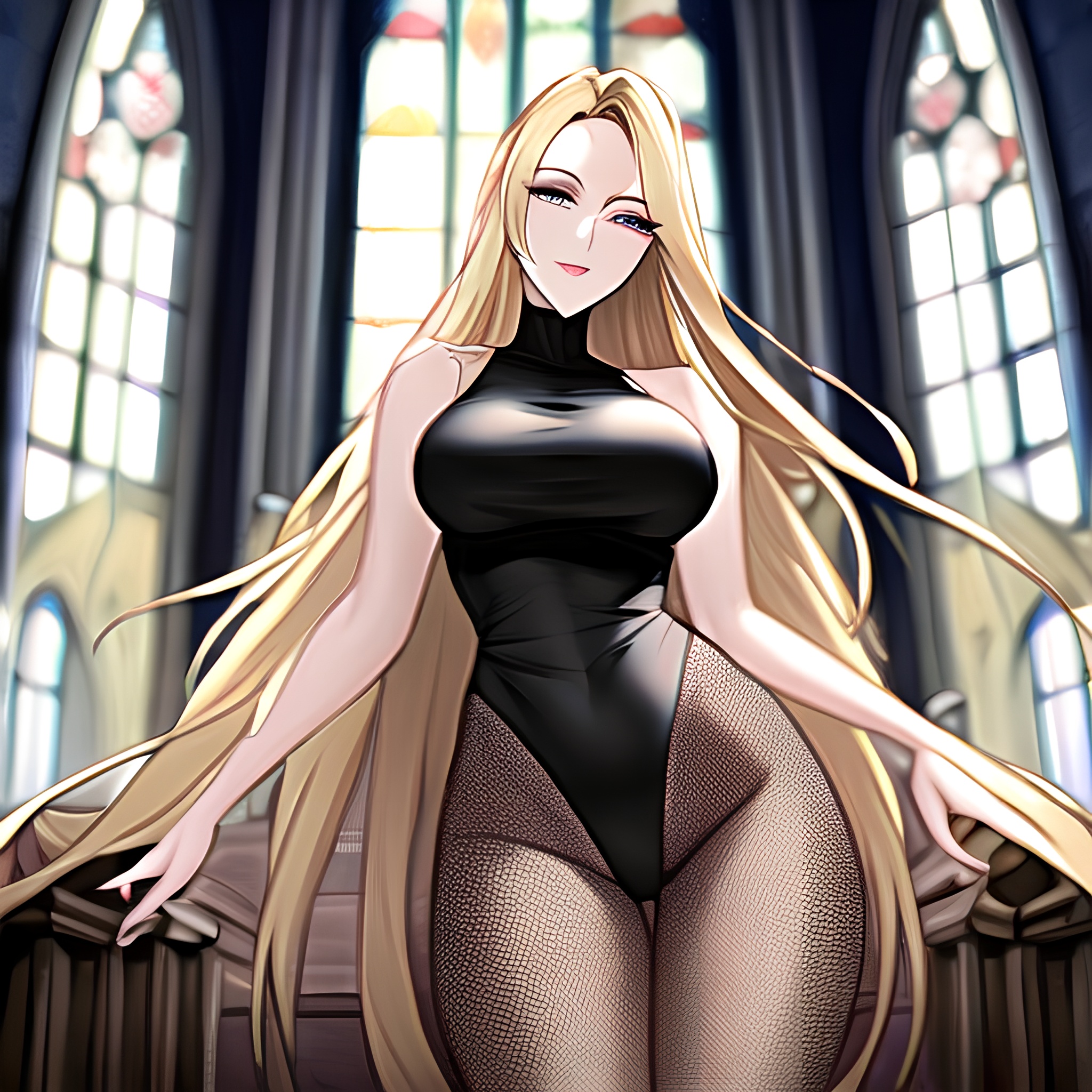 fishnet church blonde woman long hair