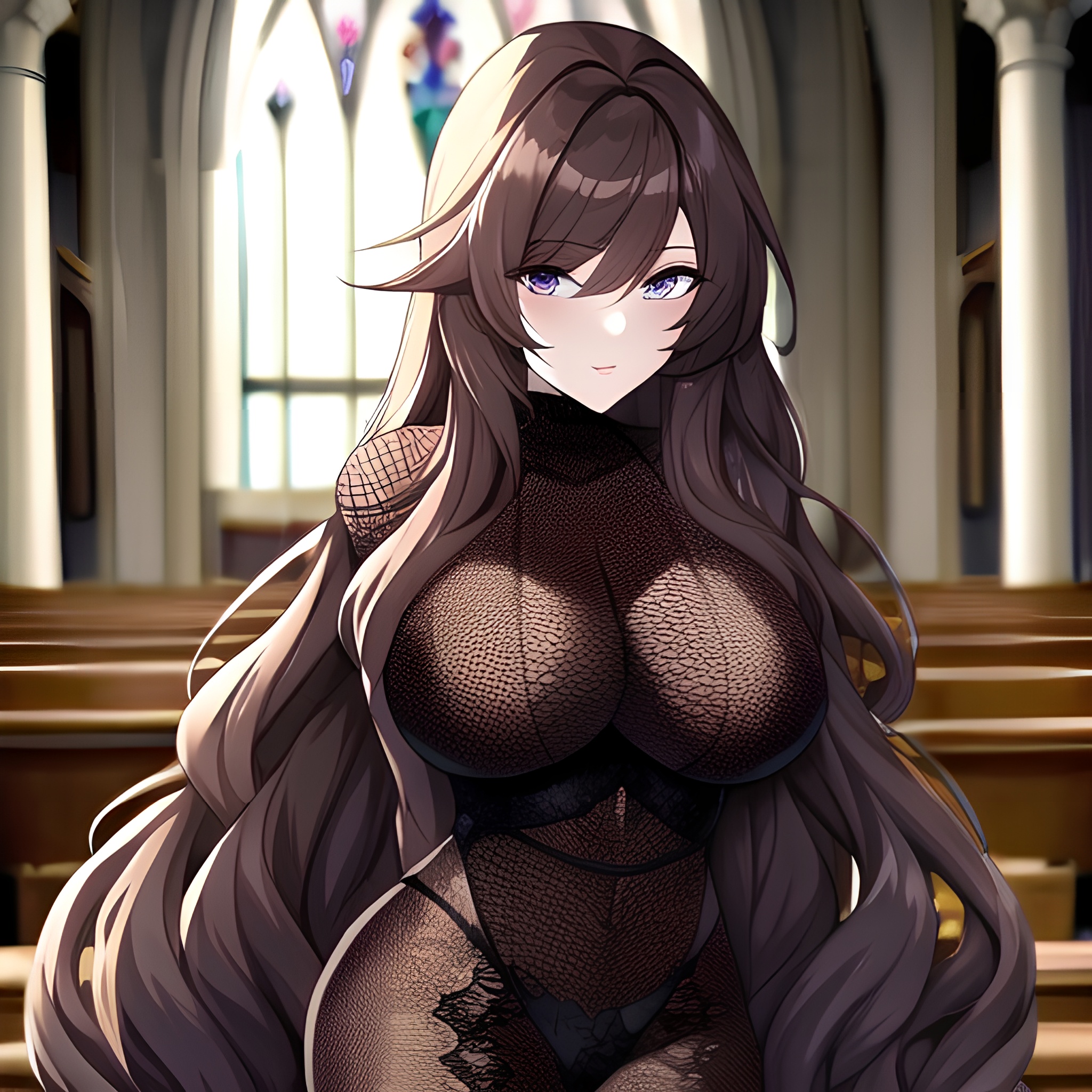 fishnet church brunette long hair messy hair woman 