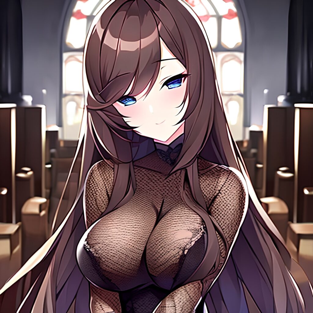 fishnet church brunette long hair woman messy hair 