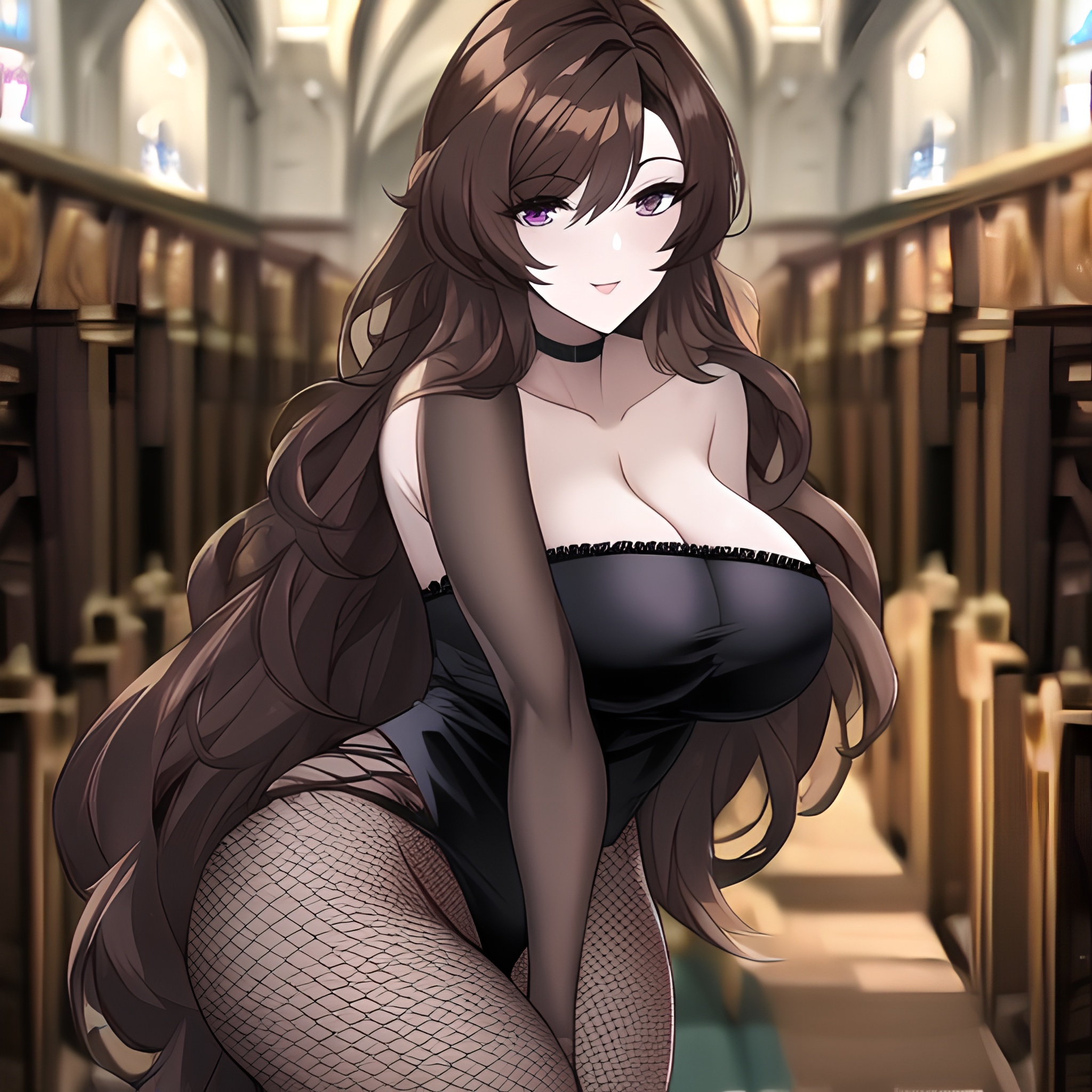 fishnet church brunette long hair woman messy hair 