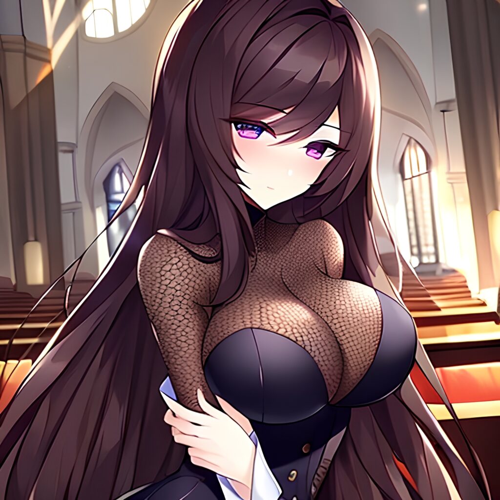 fishnet church brunette messy hair long hair woman