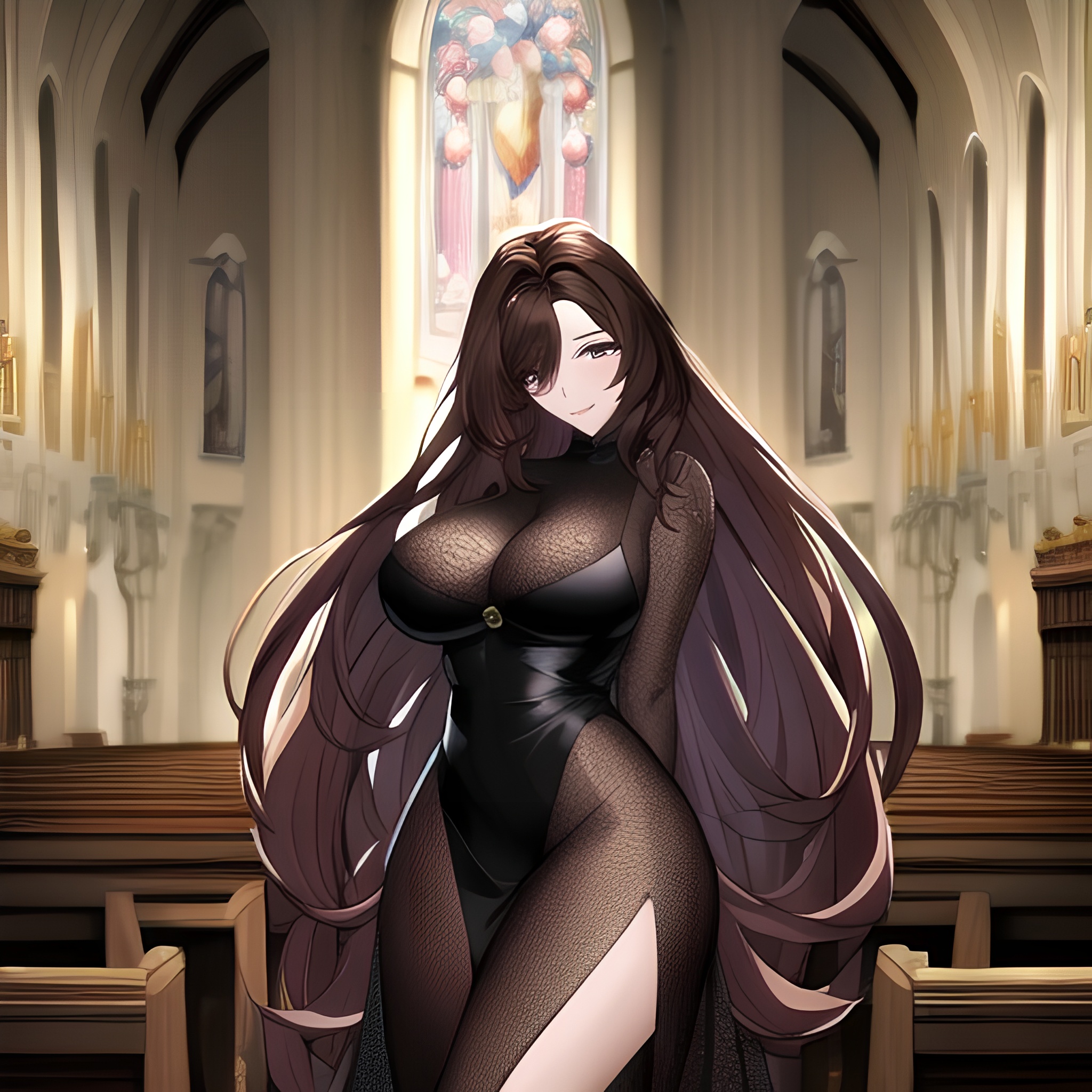 fishnet church brunette messy hair long hair woman 