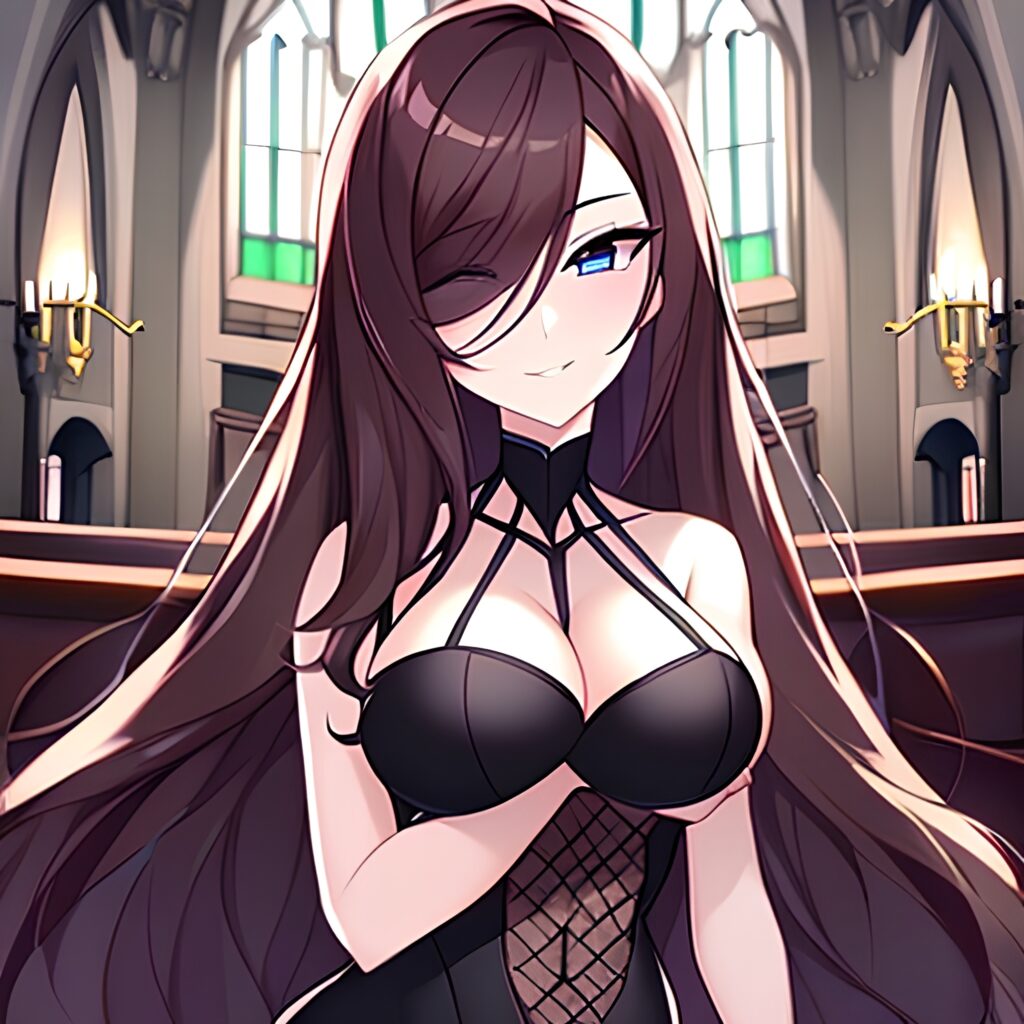 fishnet church brunette messy hair long hair woman 
