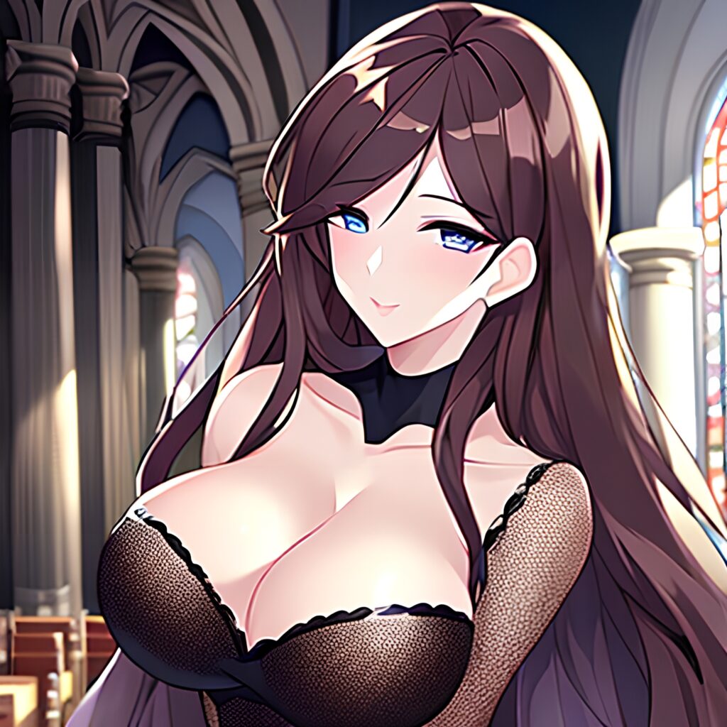 fishnet church brunette messy hair long hair woman 