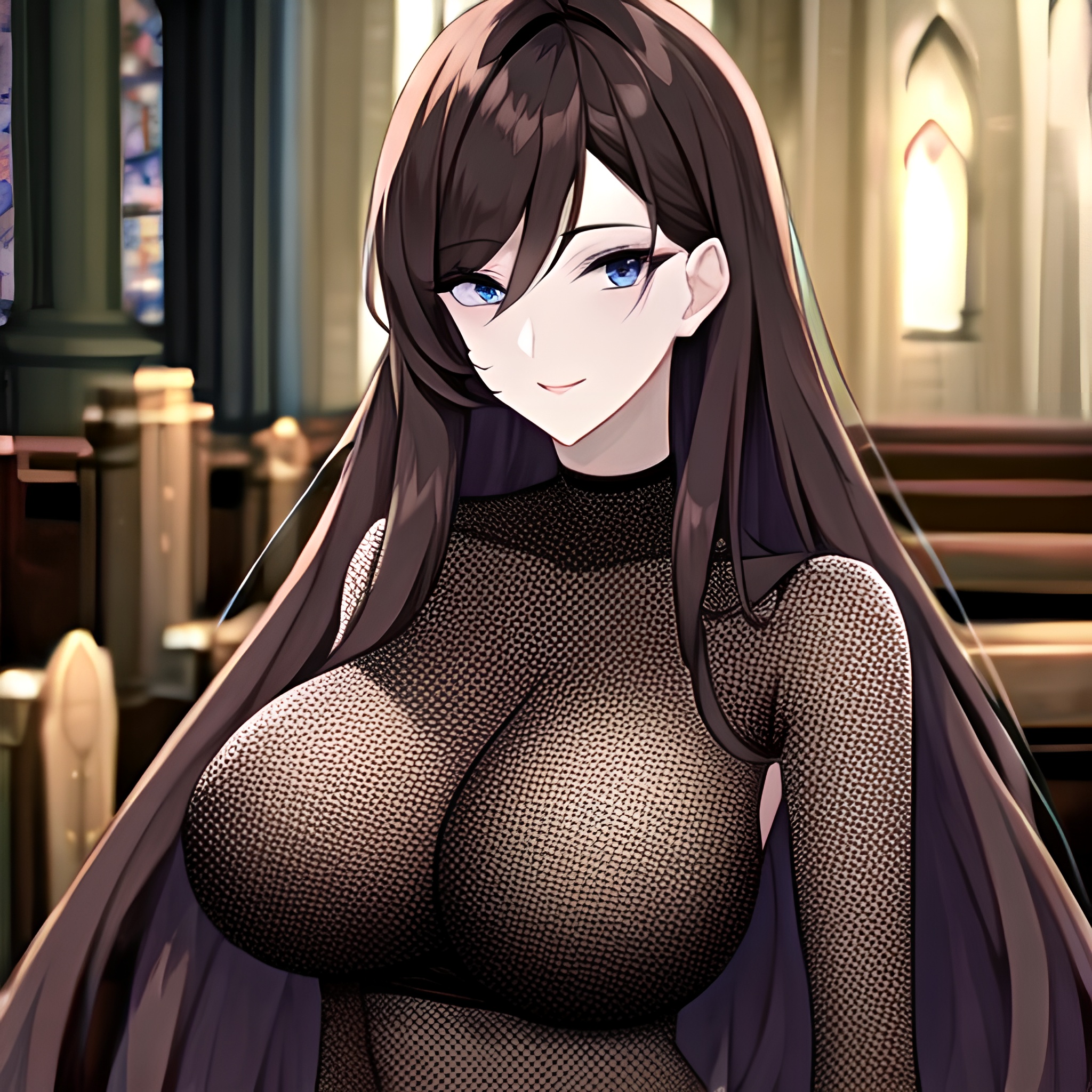 fishnet church brunette messy hair woman long hair 